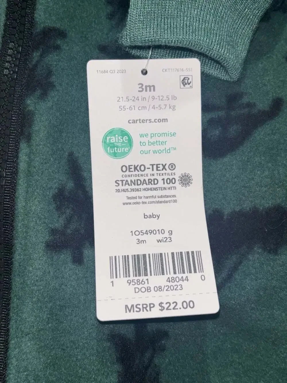 Carter's Baby Boys Hooded Fleece  Dinosaur Jumpsuit Forest Green Size 3M